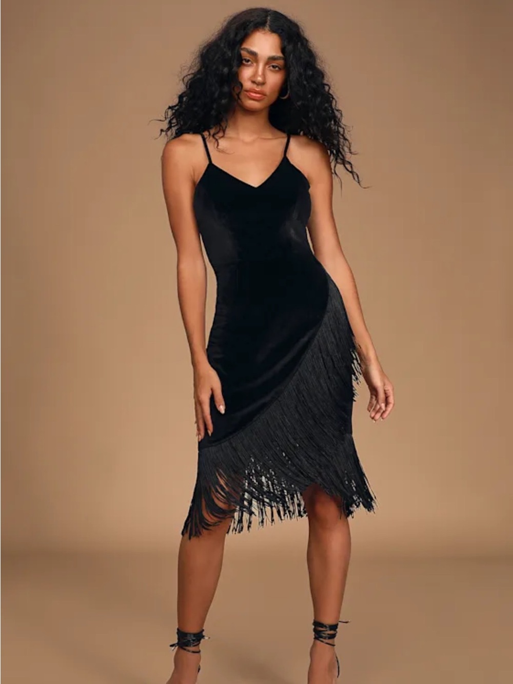 Lulus All Glam Black Velvet Fringe Midi Dress Gatsby Flapper